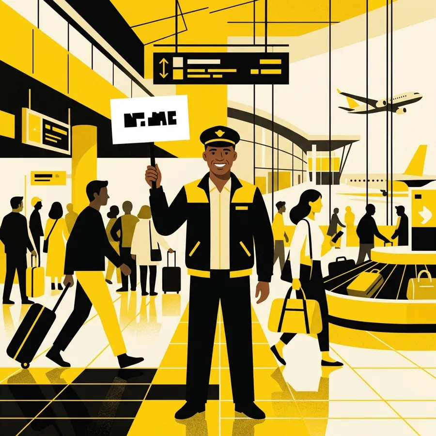 GetTaxcy driver holding a name sign in the airport arrivals hall